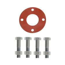 The red circular gasket from the Fire Protection Parts 1 BOLT NUT GASKET PACK DOMESTIC has four holes and is placed above four horizontally aligned gray bolts with nuts.