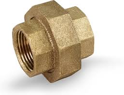 A 1 BRASS UNION from Quality Pipe Products, featuring a rugged texture and shiny metallic appearance, connects two pipe sections with threaded ends. Designed for high-pressure fire protection systems, it appears against a plain white background.