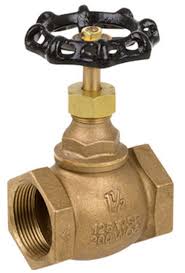 The Brecco Corp 1 IMPORT GLOBE VALVE 200 PSI features a black metal handle and brass body marked 125 150 S 200 WOG with an open threaded end for precise control, ideal for fire suppression systems.