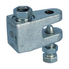 The nVent CADDY 1/2 ROD LOCK BEAM CLAMP features a hexagonal bolt and nut for securing cables or rods in construction. With a block-shaped body, it has screws on the top and side for adjustments, and its textured gray surface is ideal for integration into fire protection systems.