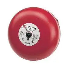 The 6 BELL 24V DC ELECTRIC ULC by Potter Electric Signal is a red fire alarm bell for Fire Protection Systems, featuring a white label with Potter and specs. It operates on 24V DC and has a visible metal component in the center.
