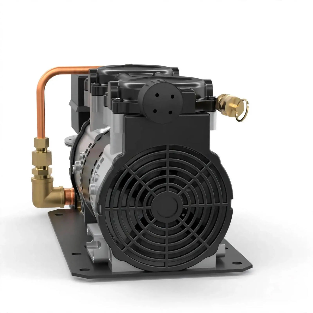 A high-performance vacuum pump with a large black cooling fan, black casing, silver internal components, a copper inlet pipe, and brass fittings, mounted on a black metal base plate against a white background.