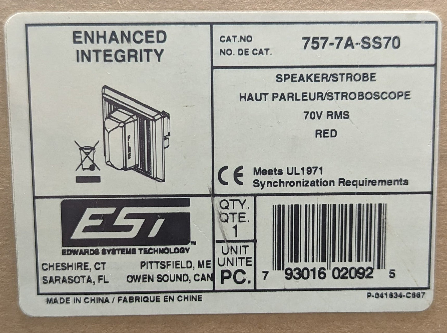 Edwards EST 757 - 7A - SS70 Speaker Strobe - Fire Protection Parts