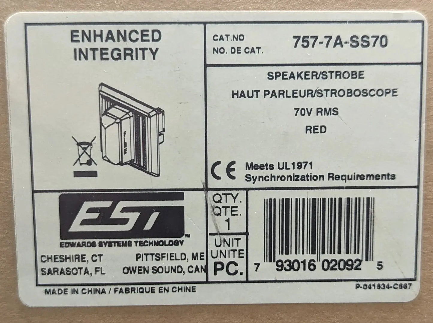Edwards EST 757-7A-SS70 Speaker Strobe by Fredland Supply Company