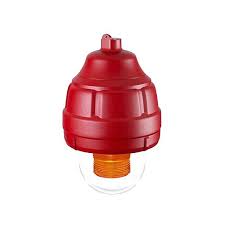 The Potter Electric Signal EXPLOSION STROBE 24VDC CLEAR LENS beacon features a red dome shape with a transparent lower section, an orange lens inside, and a top loop for easy hanging or mounting.