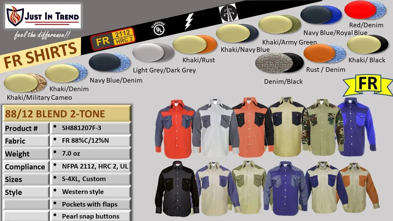Flame Resistant FR Shirt - 88/12 - Western Style - Two Tone 7 oz Just In Trend Fire Protection Parts Flame Resistant FR Shirt - 88/12 - Western Style - Two Tone 7 oz - Fire Protection Parts