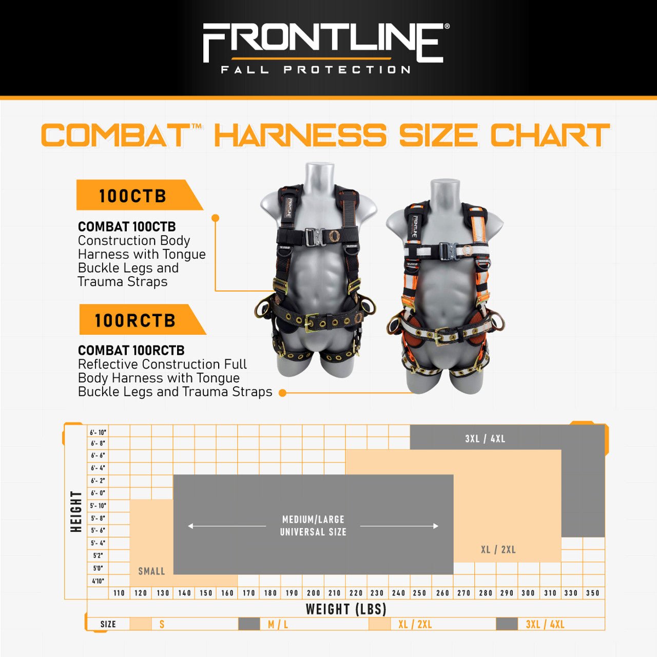 Frontline 100RCTB Combat Reflective Construction Full Body Harness with Tongue Buckle Legs and Trauma Straps XL/2X - Fire Protection Parts