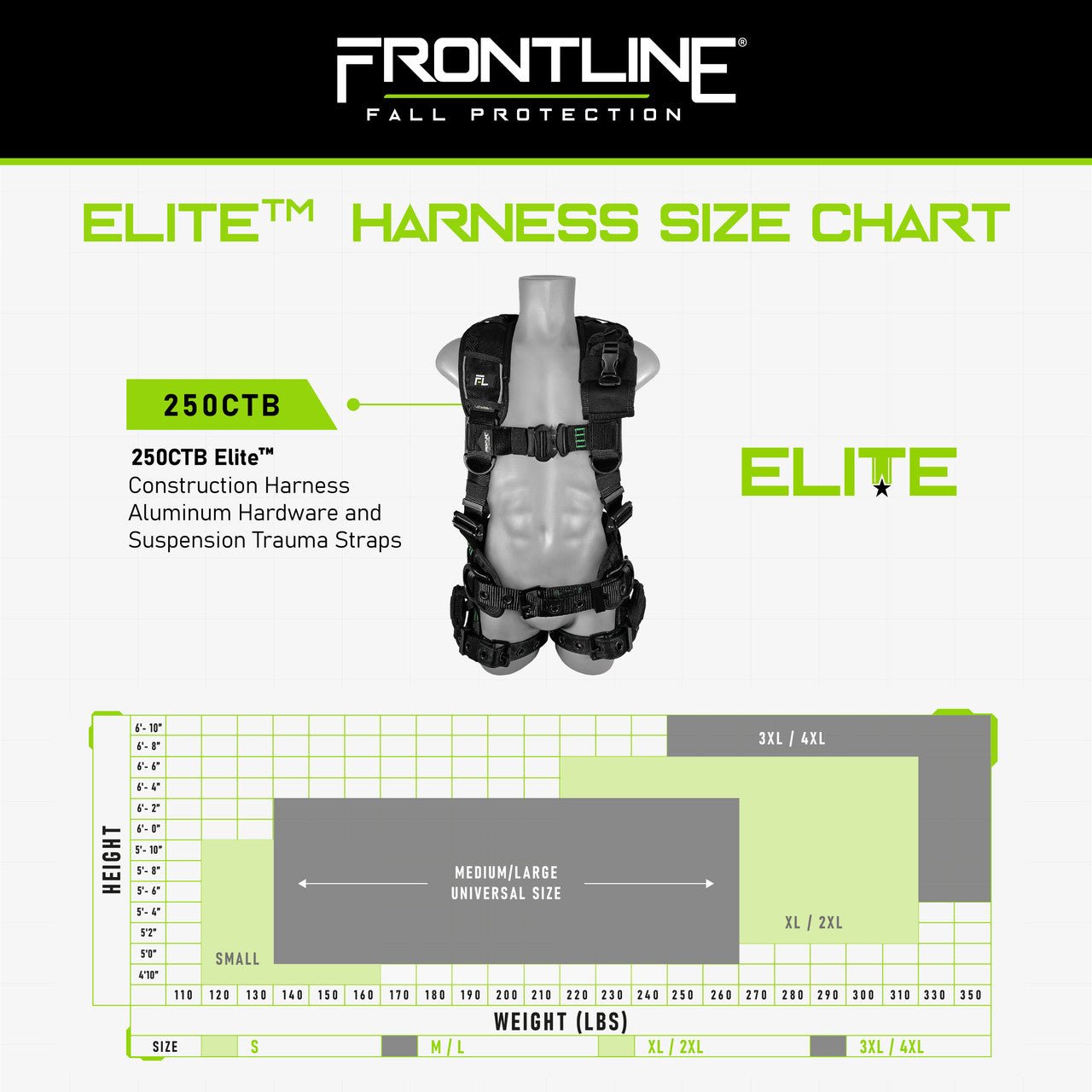 Frontline 250CTB Elite Construction Harness Aluminum Hardware and Suspension Trauma Straps XL/2XL - Fire Protection Parts
