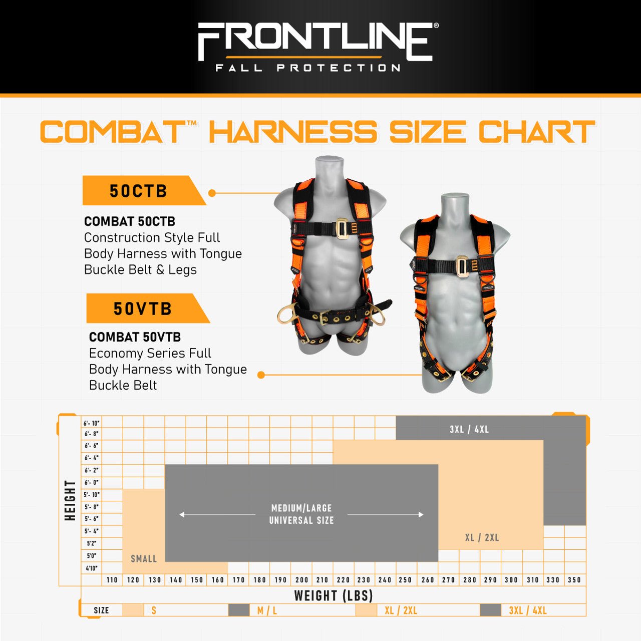 Frontline 50CTB Combat Construction Style Full Body Harness with Tongue Buckle Belt & Legs 3X/4X - Fire Protection Parts