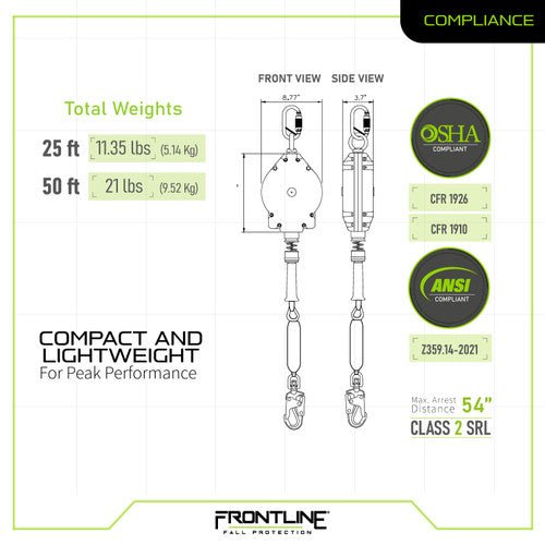 Frontline RPGLE Leading Edge Cable Single Leg SRL with Steel Snap Hook End - Fire Protection Parts