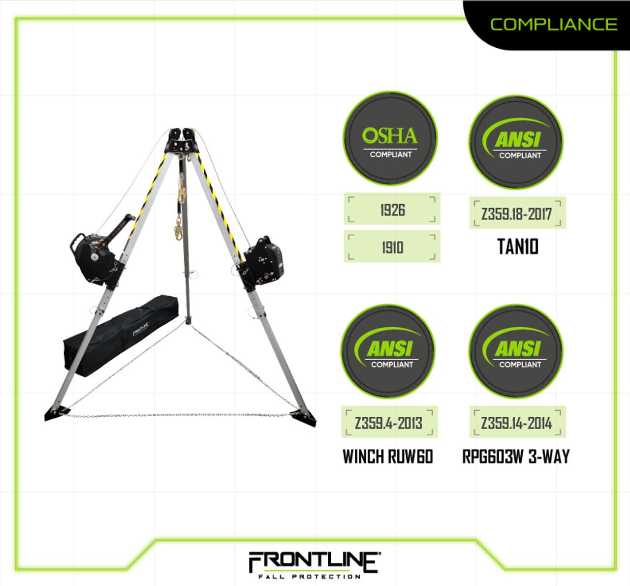Frontline TAN10RURP MEGApod Confined Space 10' Aluminum Tripod with 60' Winch and 3 - Way SRL - Fire Protection Parts