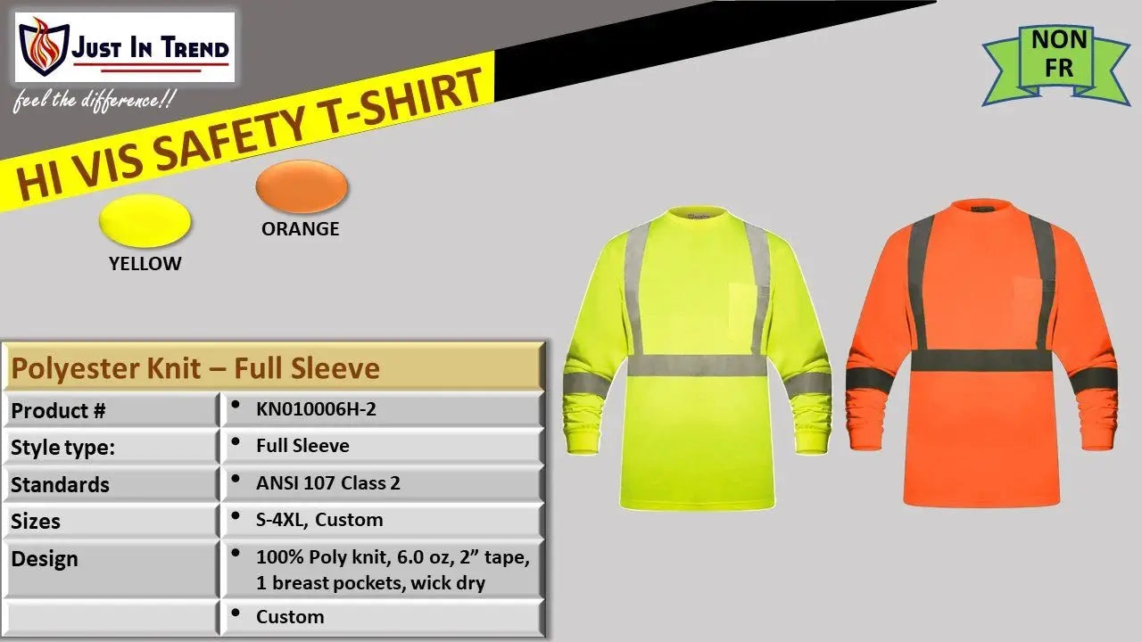 High Visibility Fluorescent Safety T-Shirt - Full Sleeve - 100% Polyester by Just In Trend