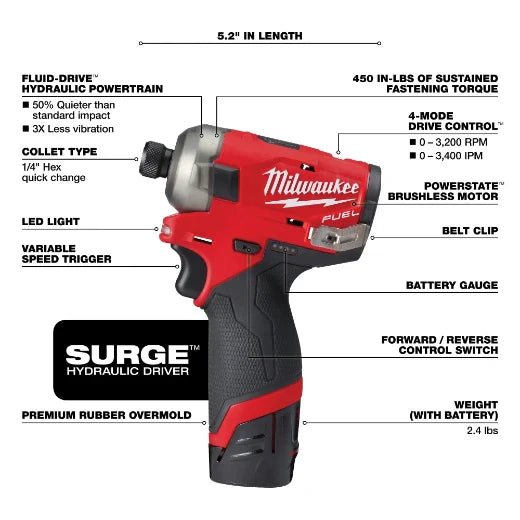 Milwaukee 2551 - 22 M12 FUEL™ SURGE™ 1/4" Hex Hydraulic Driver Kit - Fire Protection Parts