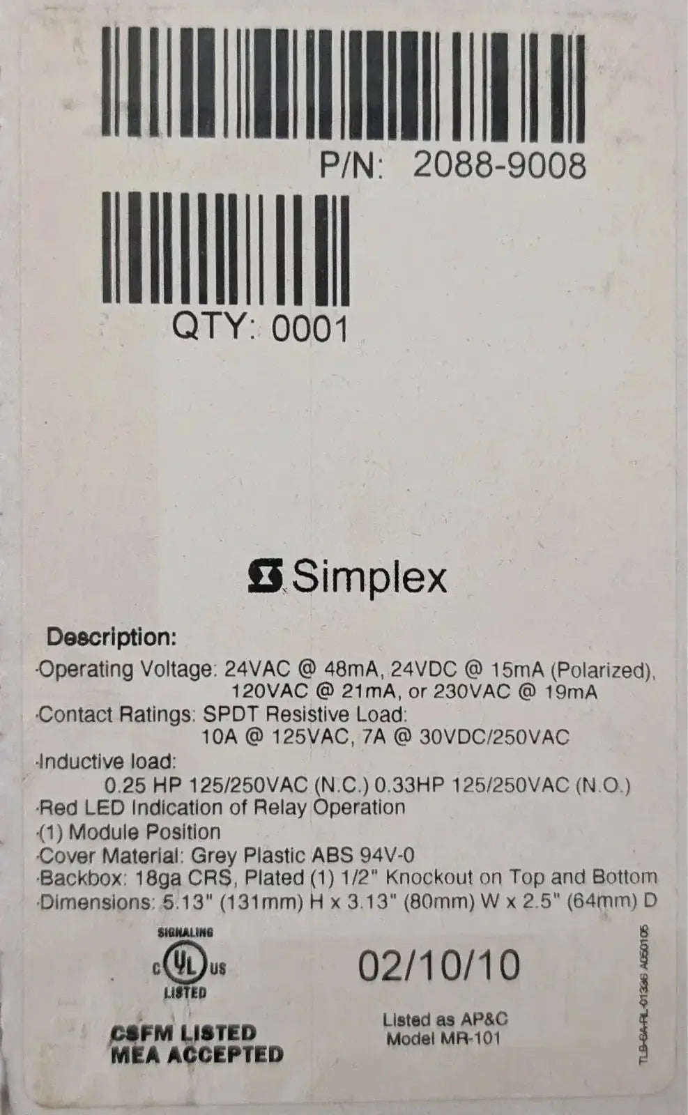 Simplex 2088-9008 Fire Alarm Control Relay by Fredland Supply Company