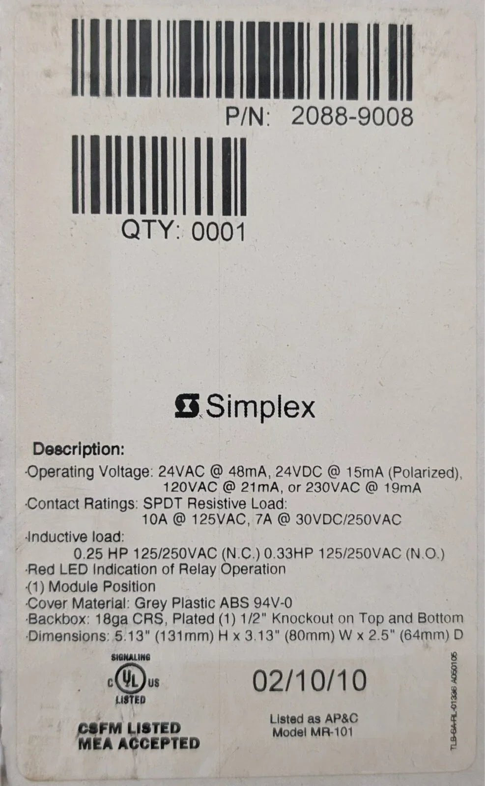 Simplex 2088-9008 Fire Alarm Control Relay by Fredland Supply Company