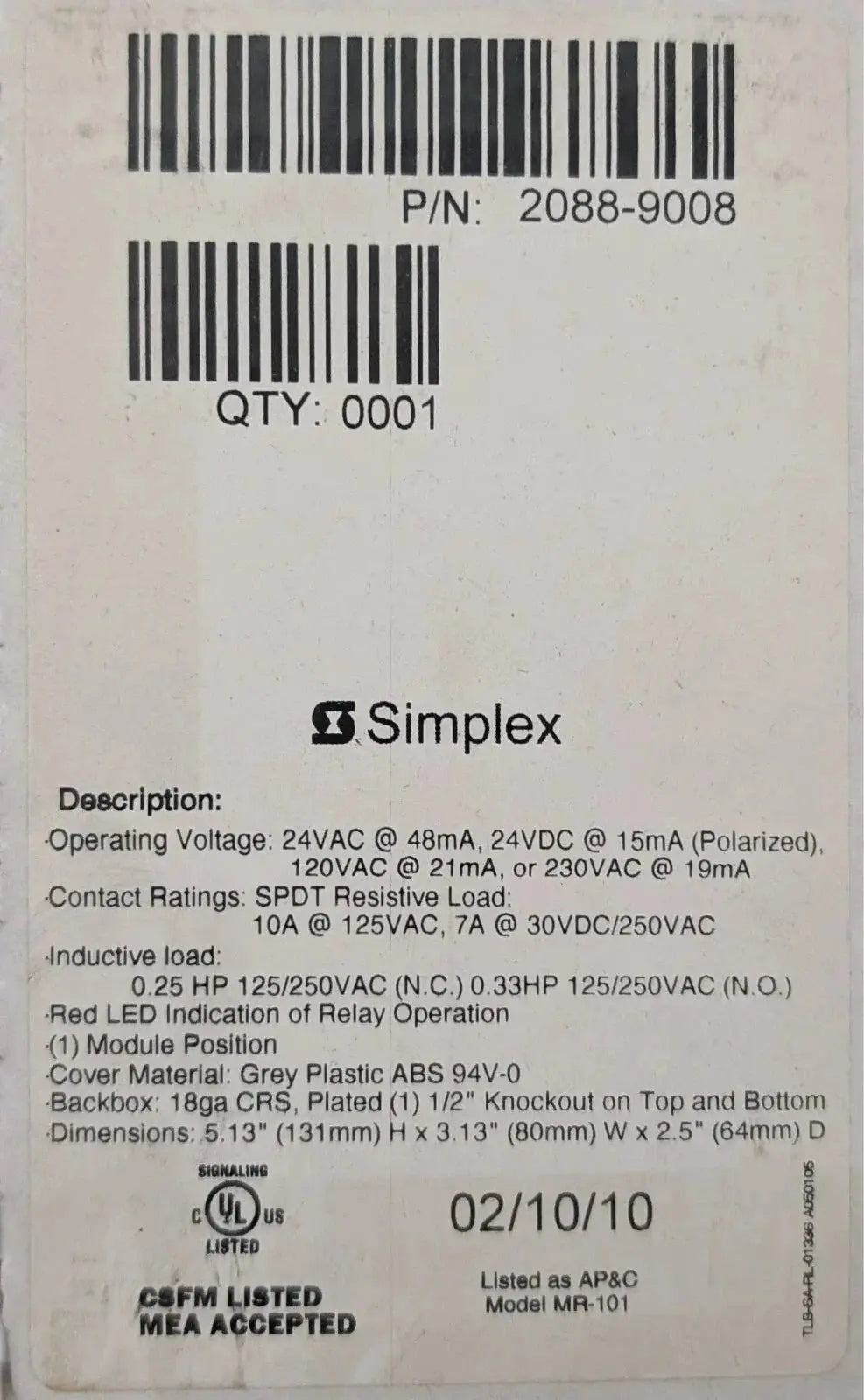 Simplex 2088-9008 Fire Alarm Control Relay by Fredland Supply Company