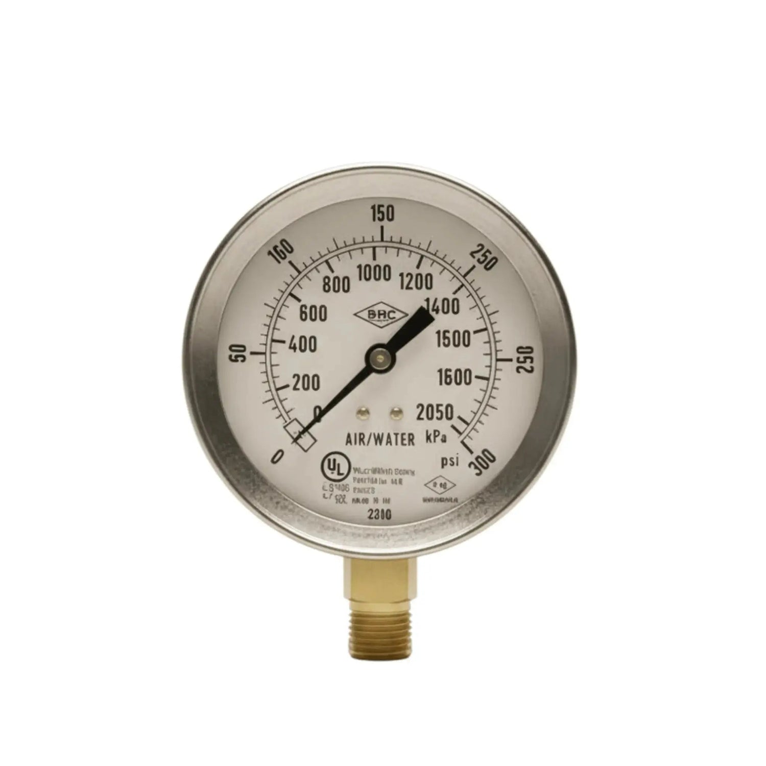 Durable 300 PSI air and water pressure gauge with clear dial, designed for sprinkler systems and industrial use