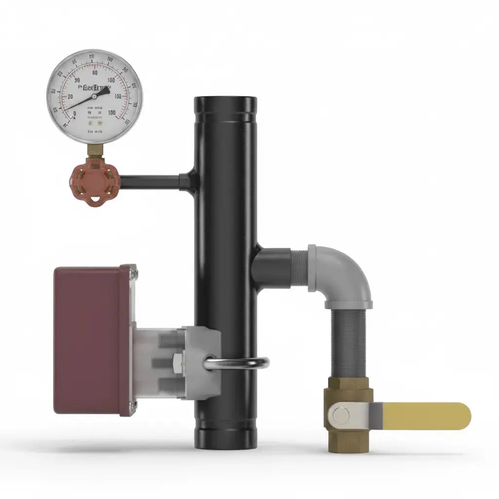 CPVC pipe system with pressure gauge, coupling adapter, 90-degree elbow, and valve for fire protection applications
