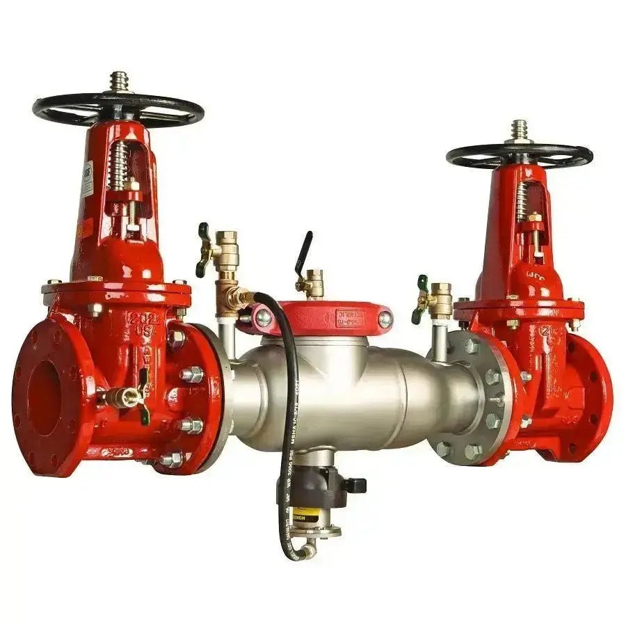 Durable red double check valve assembly with manual handwheel controls for backflow prevention and detection.