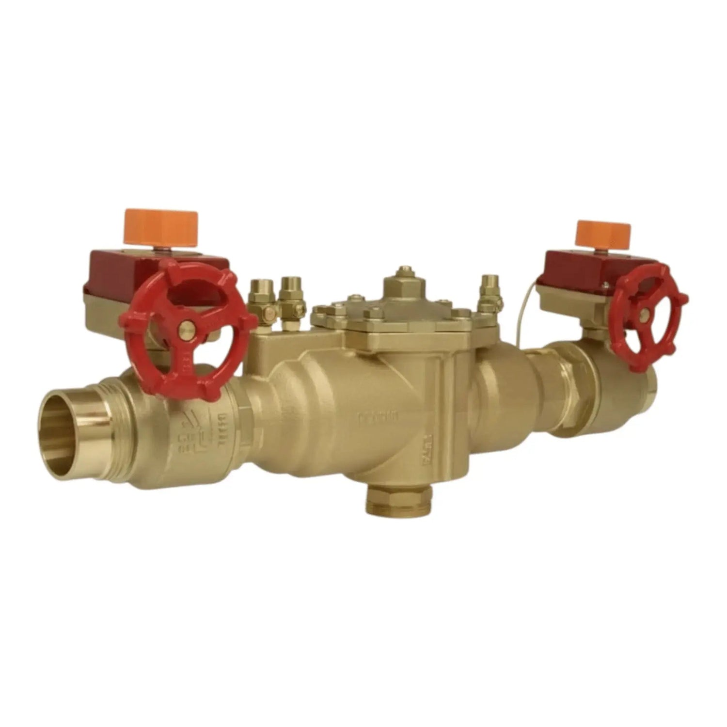 Backflow grooved valve assembly with red handwheels and brass construction for reliable backflow prevention in grooved piping systems