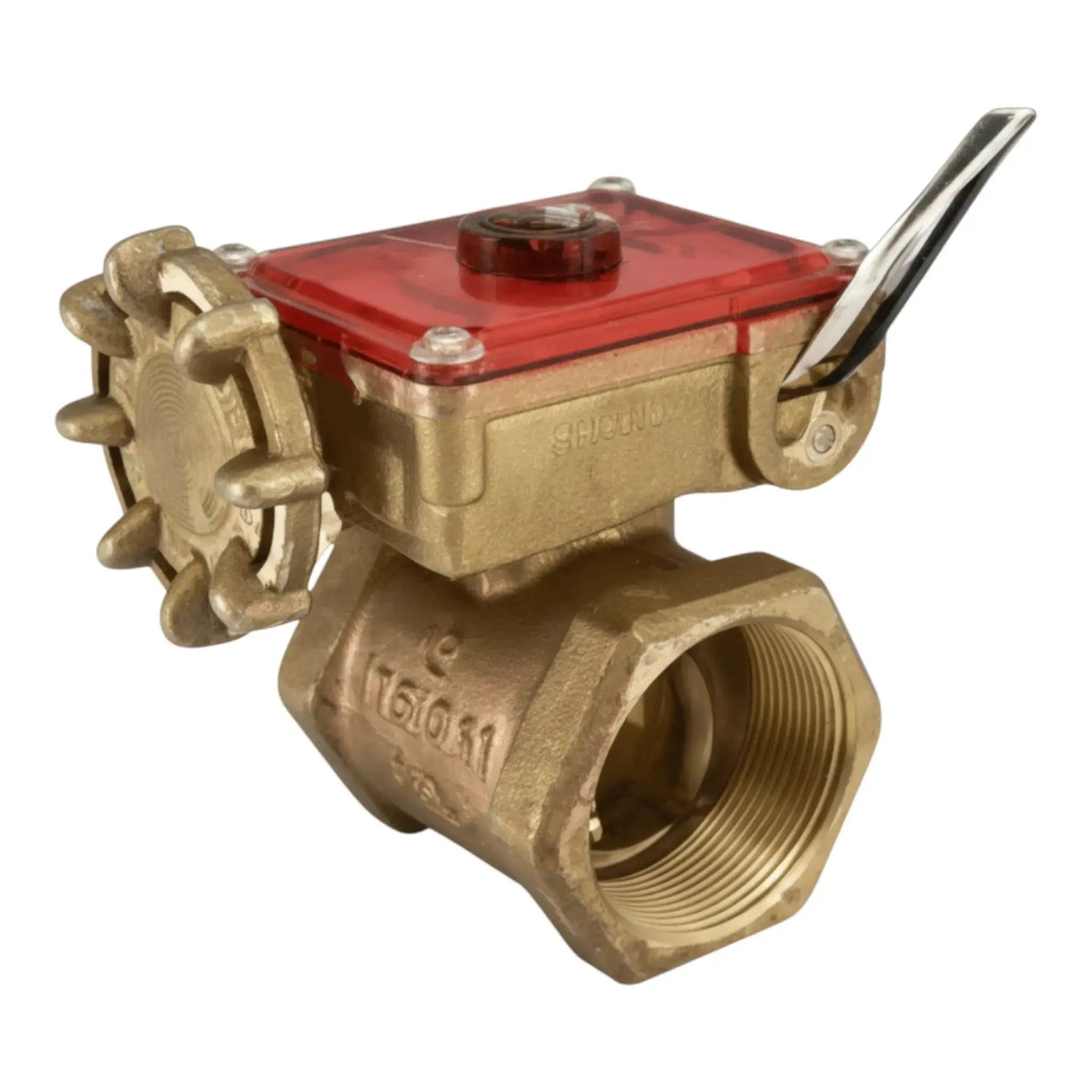 Bronze butterfly valve with red tamper switch for secure sprinkler and irrigation system control.