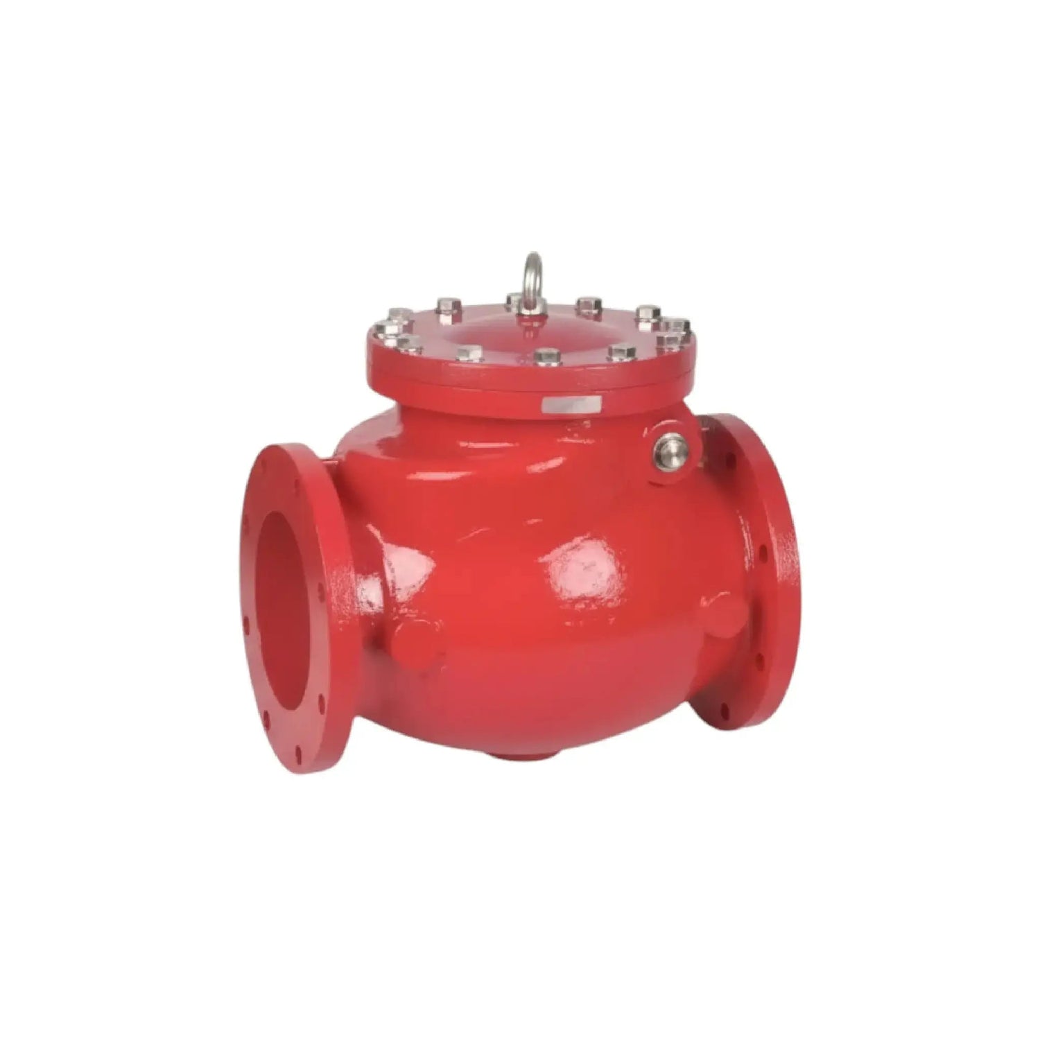 Red industrial check valve designed for one-way flow control in fire protection and piping systems.