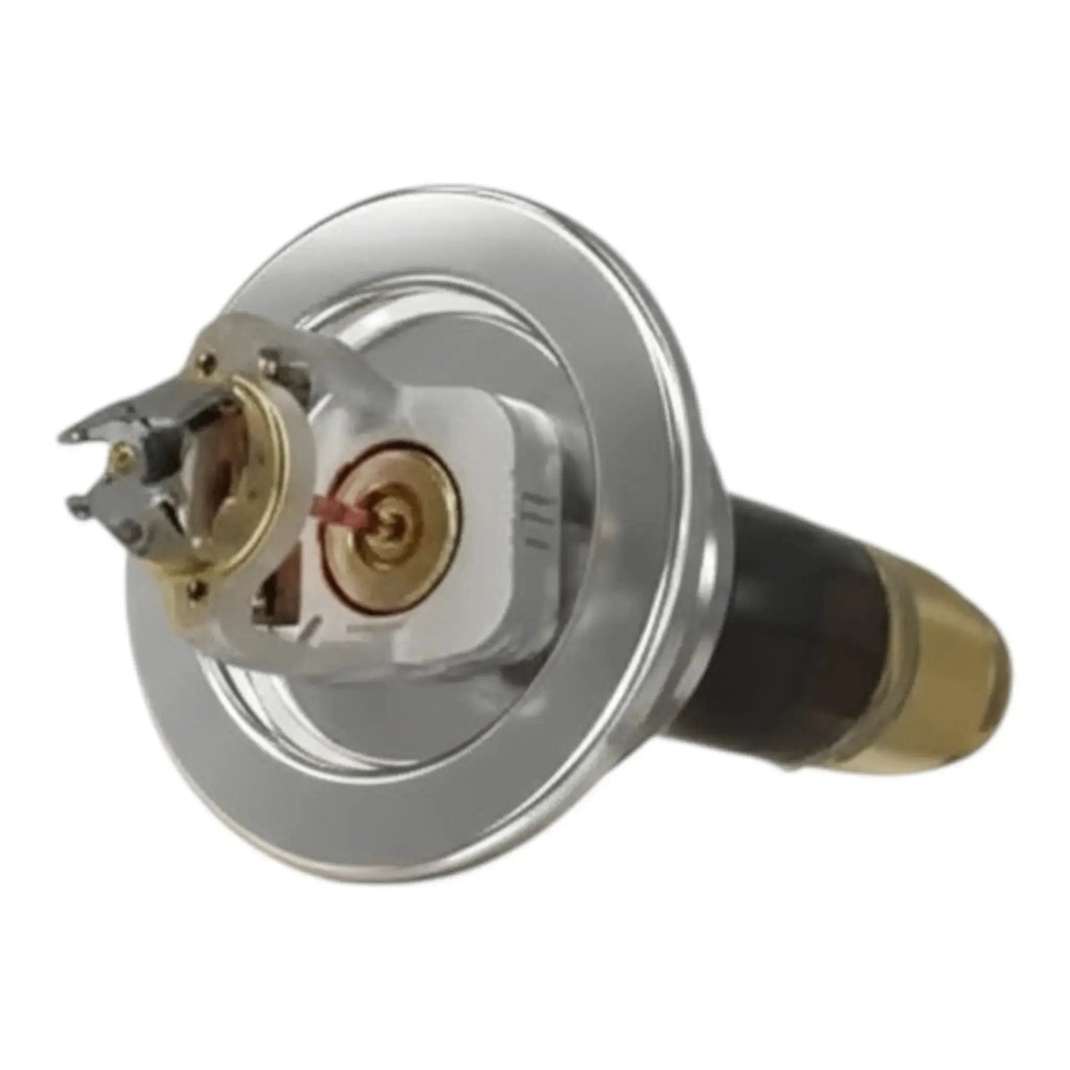 Dry pendent sprinkler with metal escutcheon plate designed for dry pipe fire protection systems.