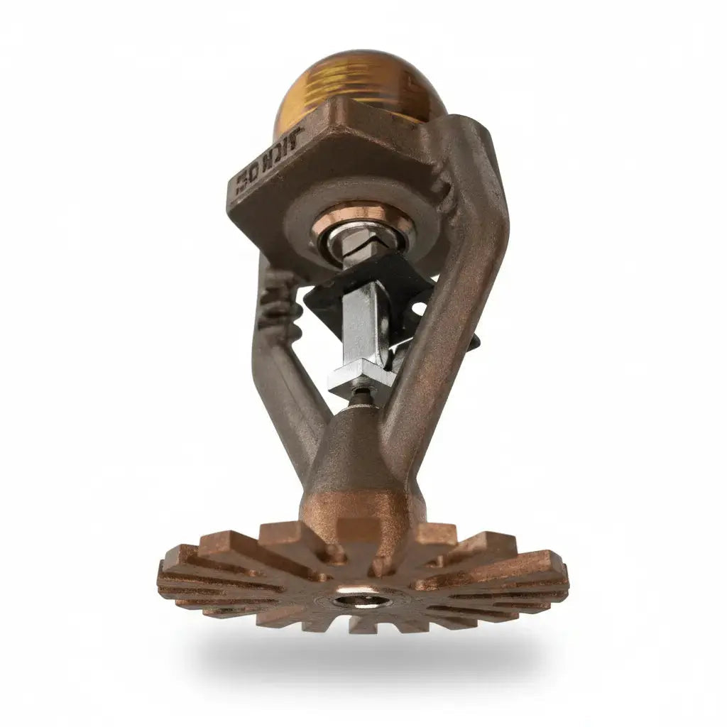 ESFR pendent sprinkler head with wide deflector for early fire suppression in high-storage environments.