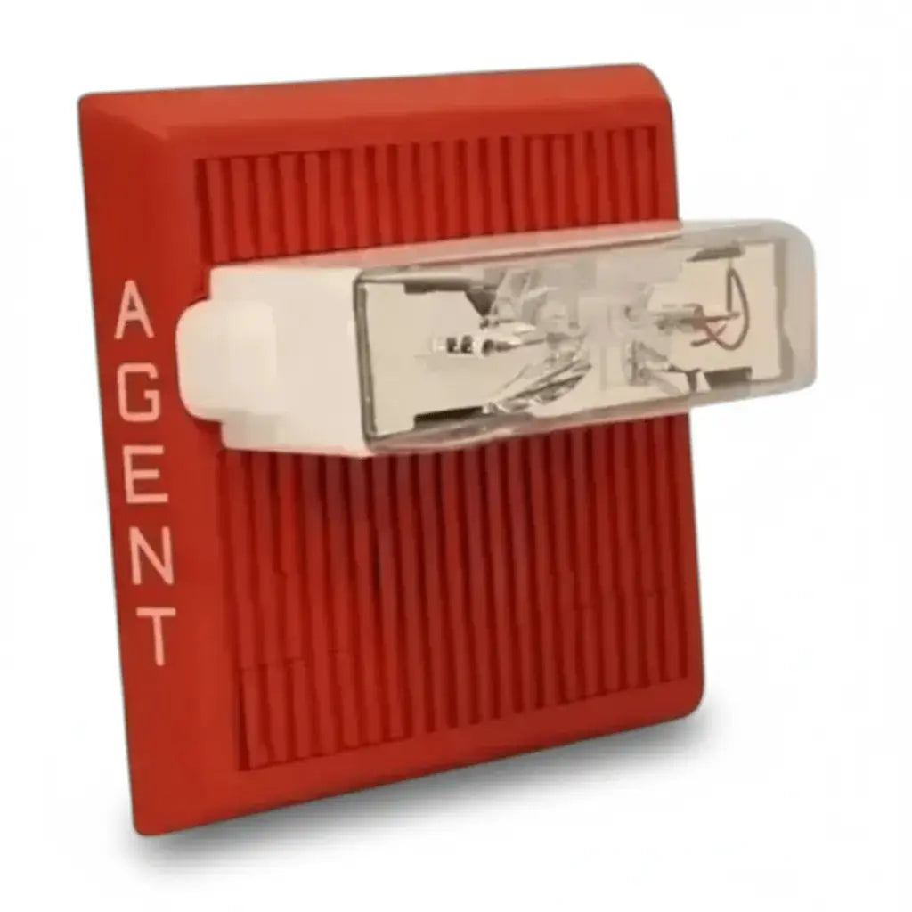 Red fire alarm system device with clear protective cover and the word "AGENT" on the side.