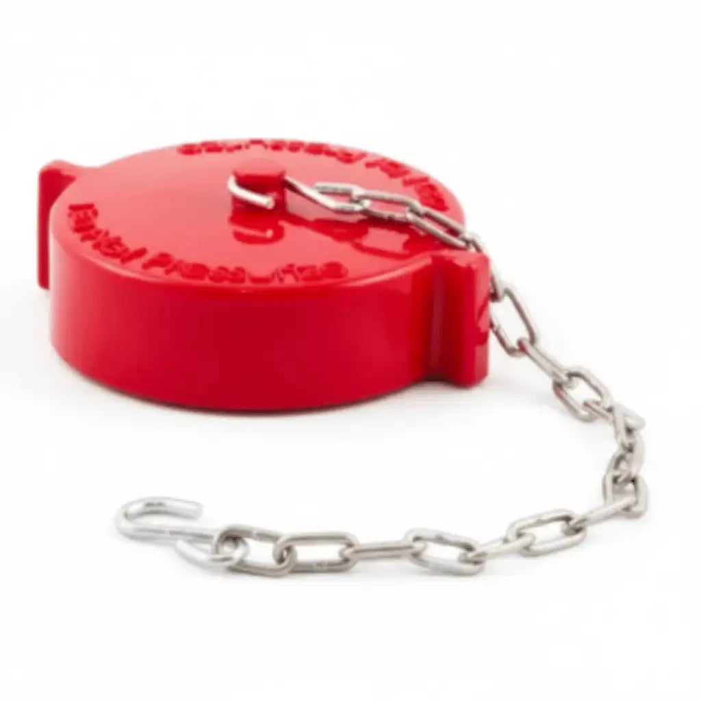 Durable Storz connection with cap and chain, designed for fast and secure fire hose deployment in protection systems.