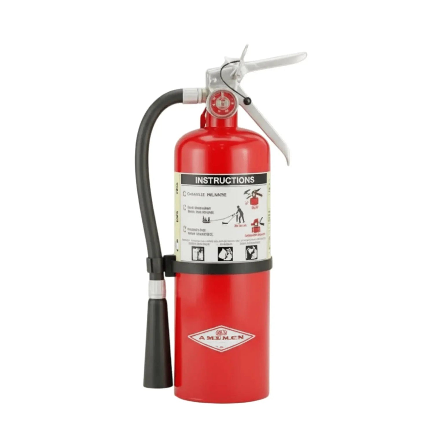 Red fire extinguisher with pressure gauge, hose, and safety instructions for emergency fire safety use.