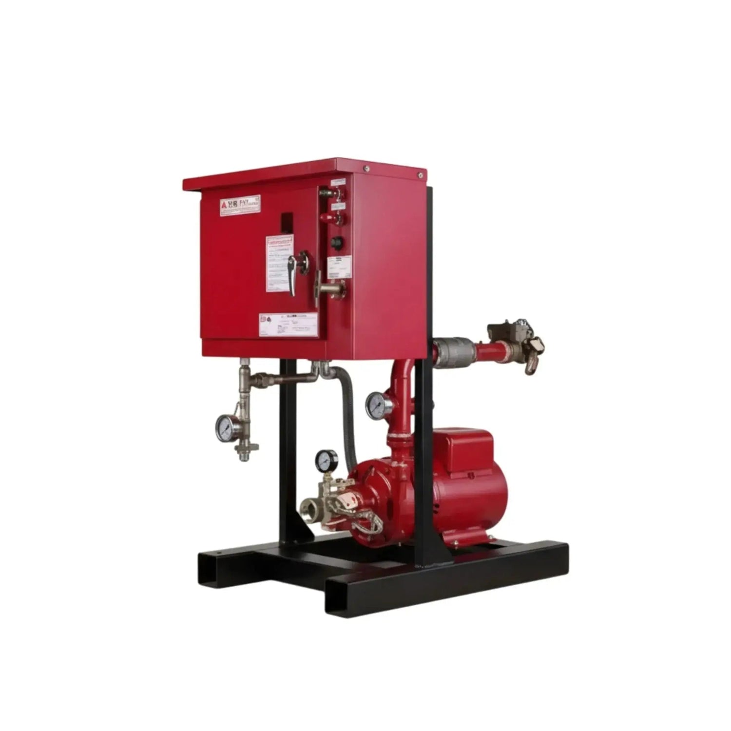 Red industrial fire pump system with pressure gauges and control panel on a black background