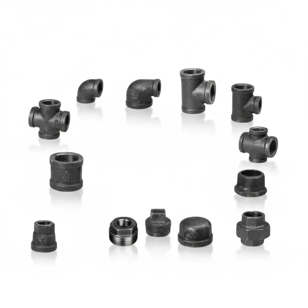Various industrial pipe fittings including elbows, tees, crosses, sockets, and bends with UL and FM certification.