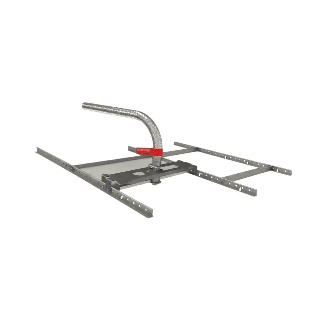Flexible metal conduit securely fastened with a red strap to a ceiling-mounted support bracket system