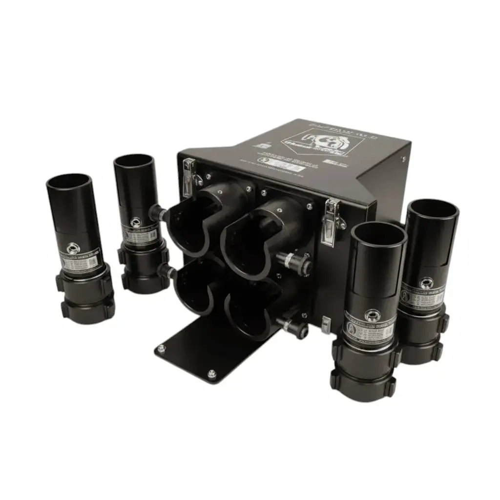 Flow testing equipment with multiple black cylindrical connectors and a central control unit for fluid analysis.