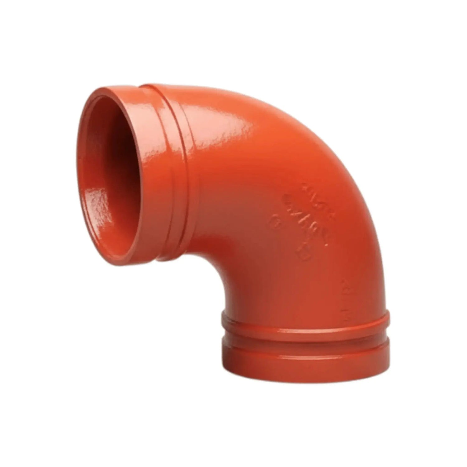 Grooved elbow pipe fitting in orange color designed for industrial piping systems.