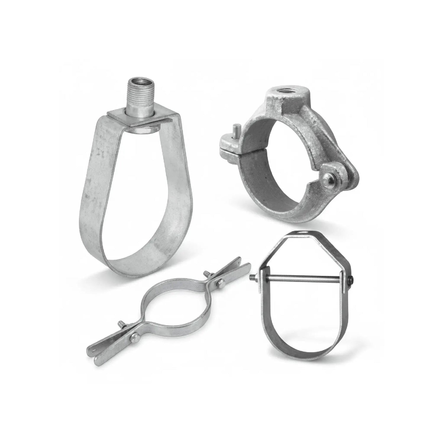 Metal hangers and fasteners including pipe clamps and support brackets for industrial use