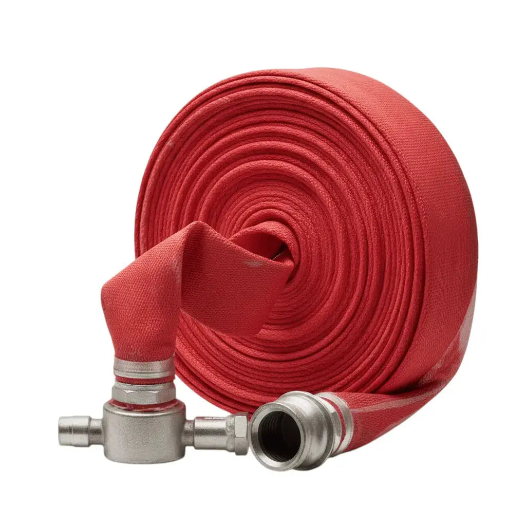Red fire hose with metal couplings and UL listing mark rolled up for firefighting use