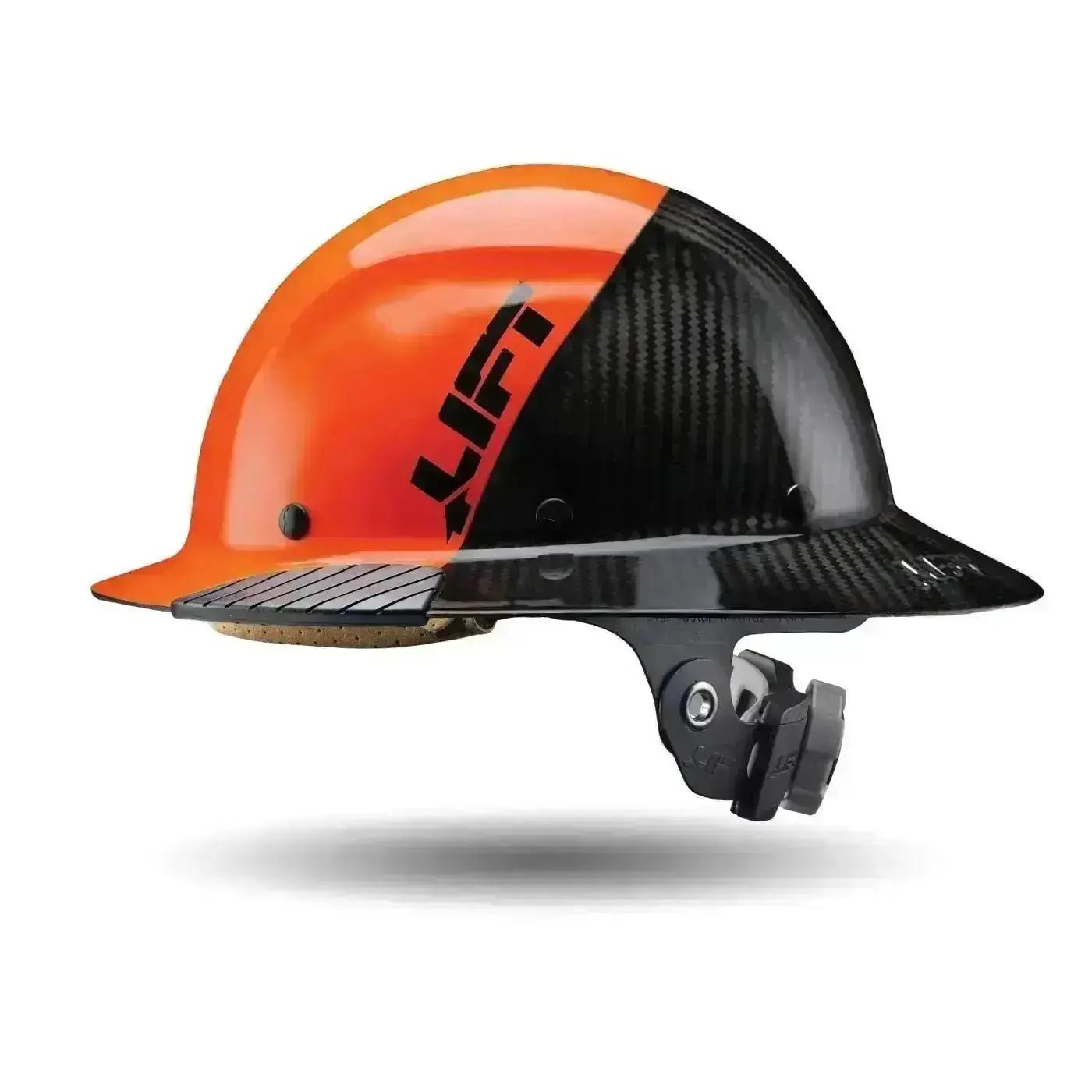 Orange and black carbon fiber safety helmet with adjustable chin strap and LIFT logo on the side