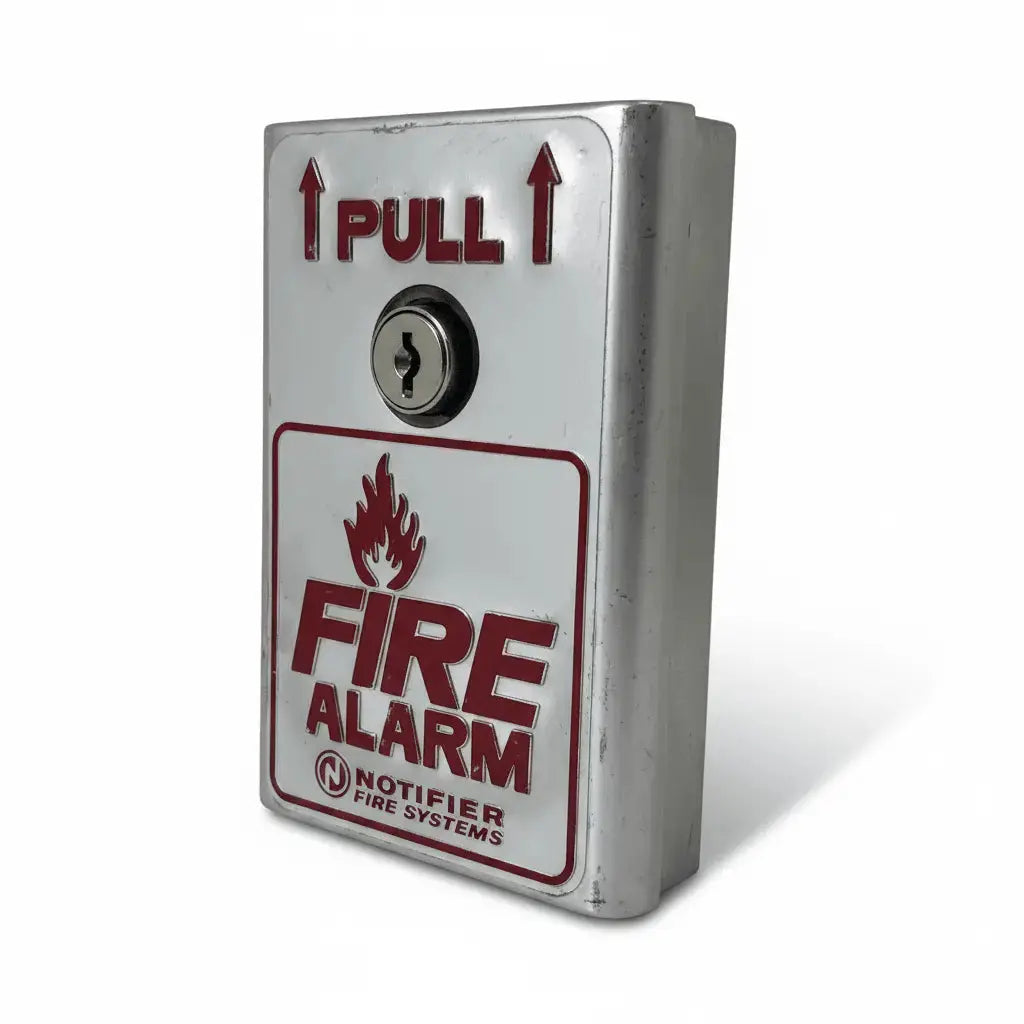 Red wall-mounted fire alarm with speaker grille and clear LED strobe light labeled ALERT on the side.