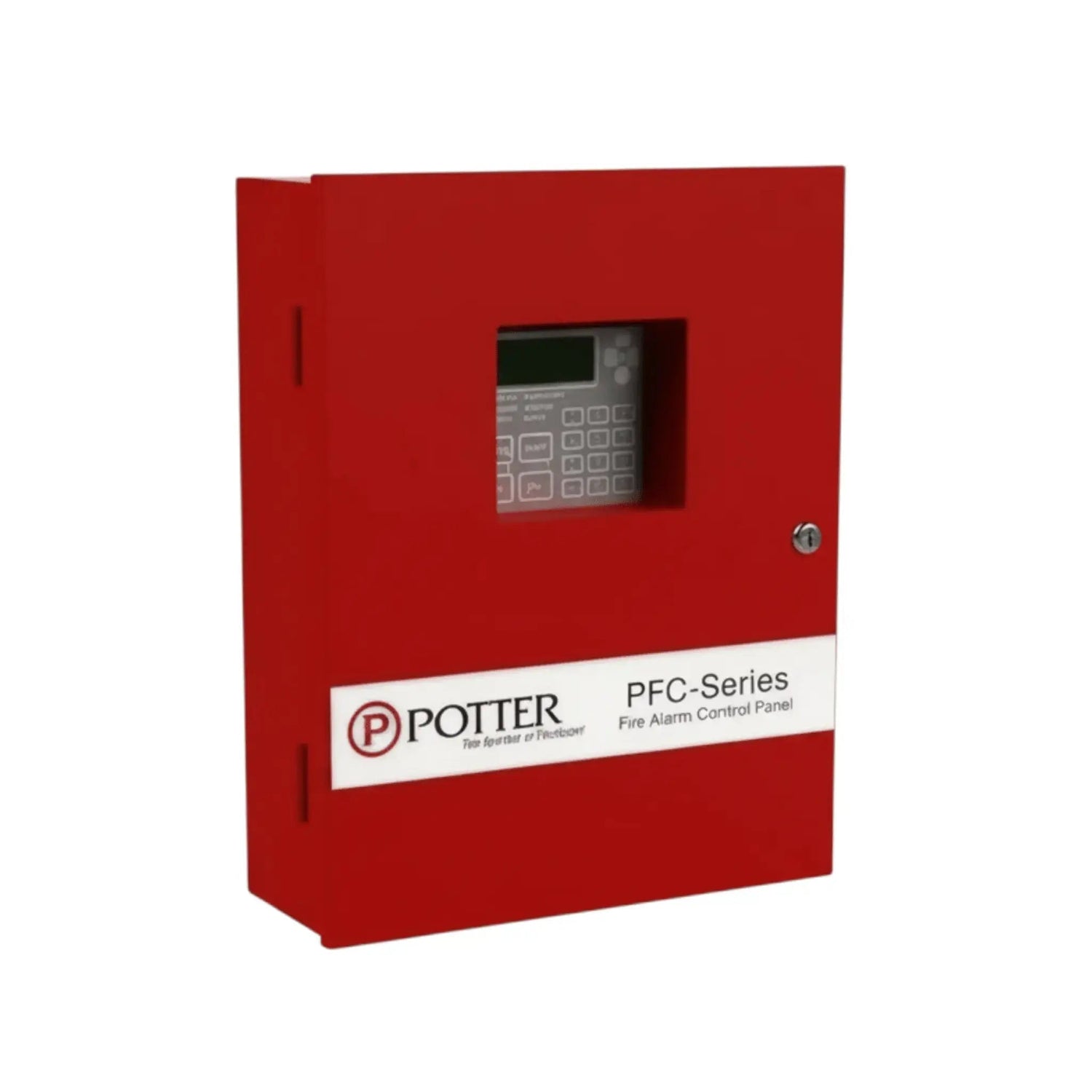 Red fire alarm control panel with digital keypad and display from Potter PFC-Series.
