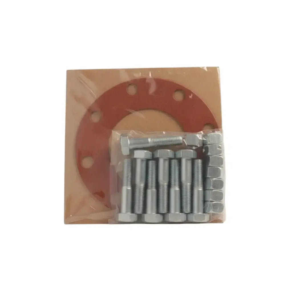Set of metal bolts and nuts with a red gasket for mechanical or automotive accessories packaging.
