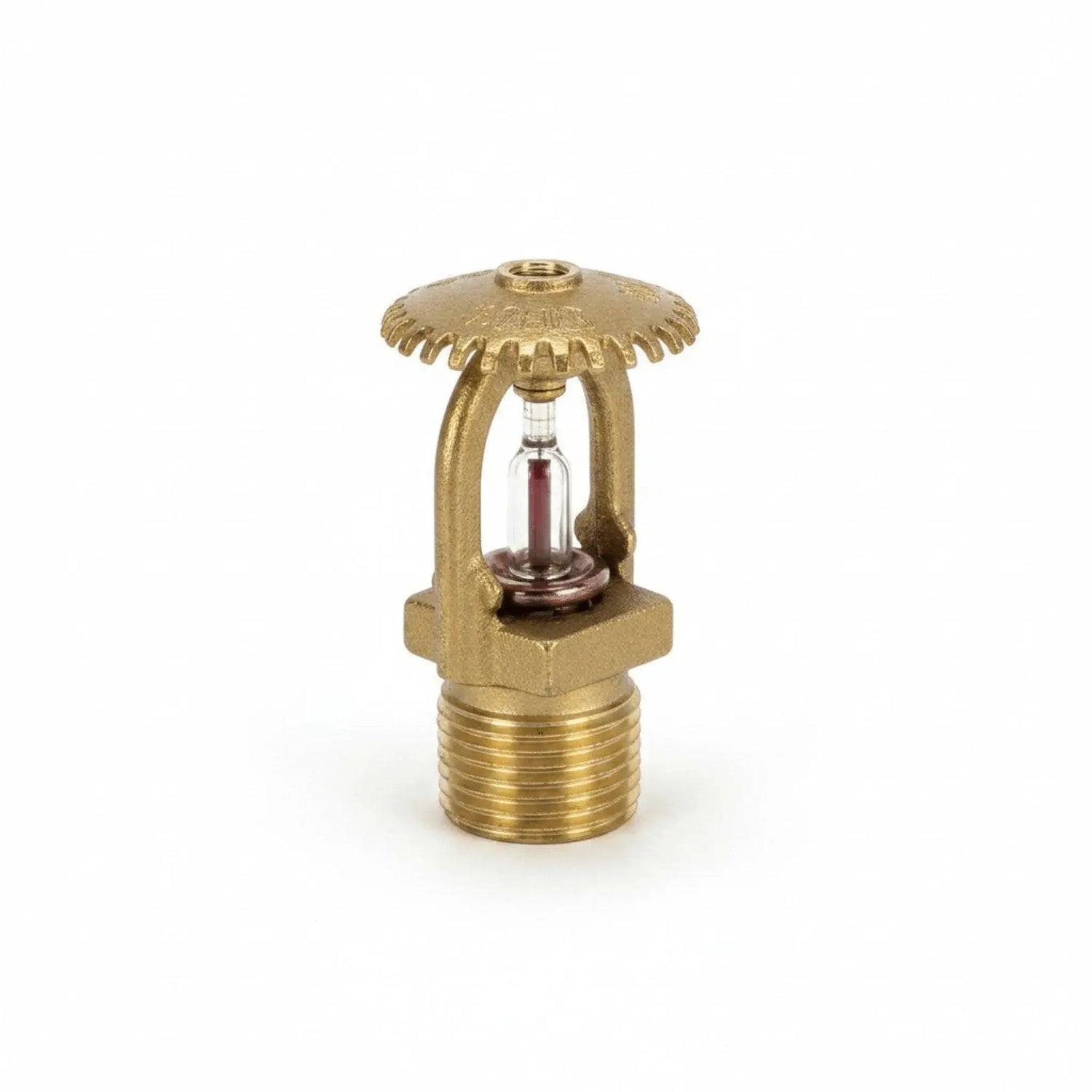 Brass fire sprinkler head with red glass bulb and threaded base for fire protection systems.