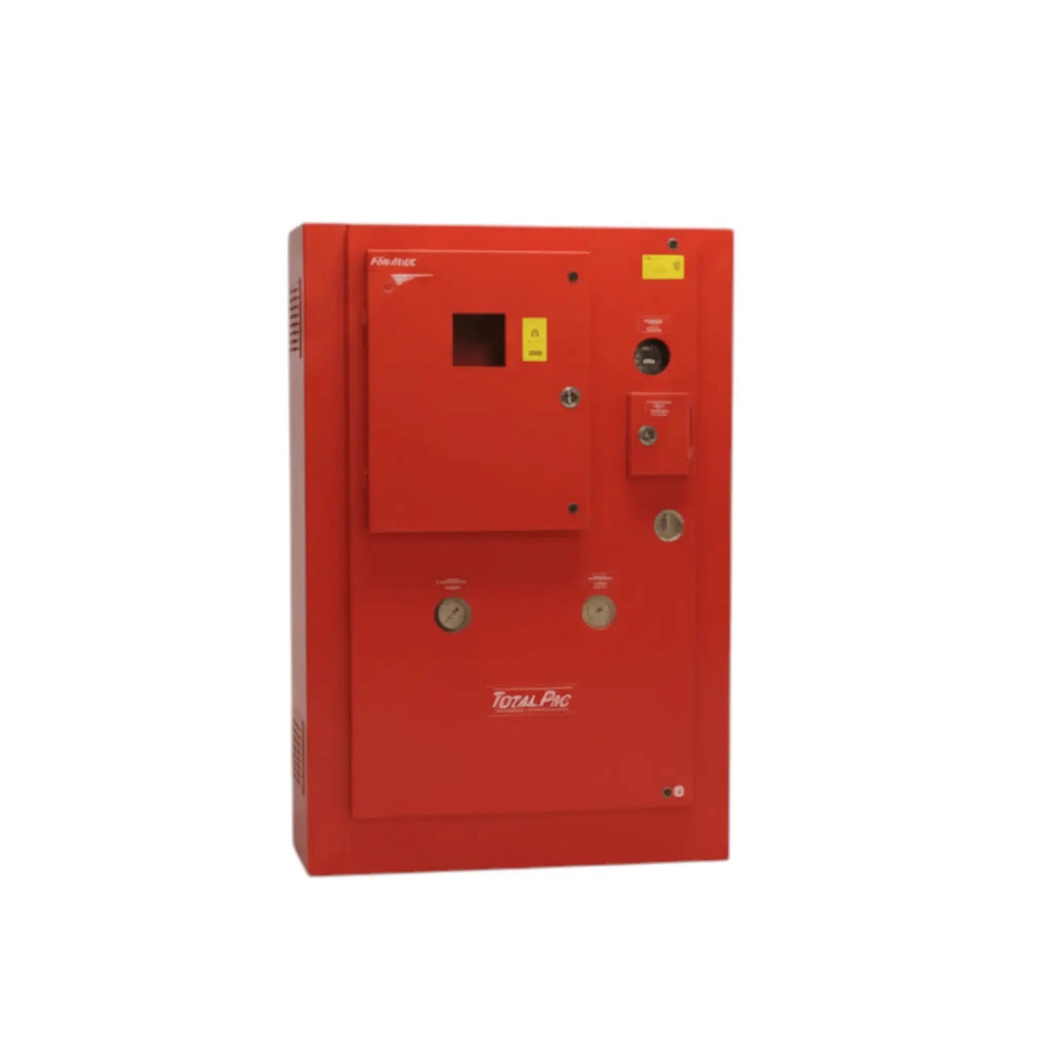 Red TotalPac fire protection control panel for deluge, dry pipe, and pre-action fire systems on a wooden pallet