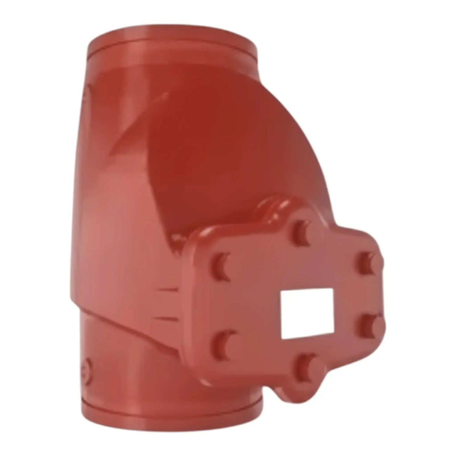 Red fire protection valve designed for controlling water flow in fire safety systems.