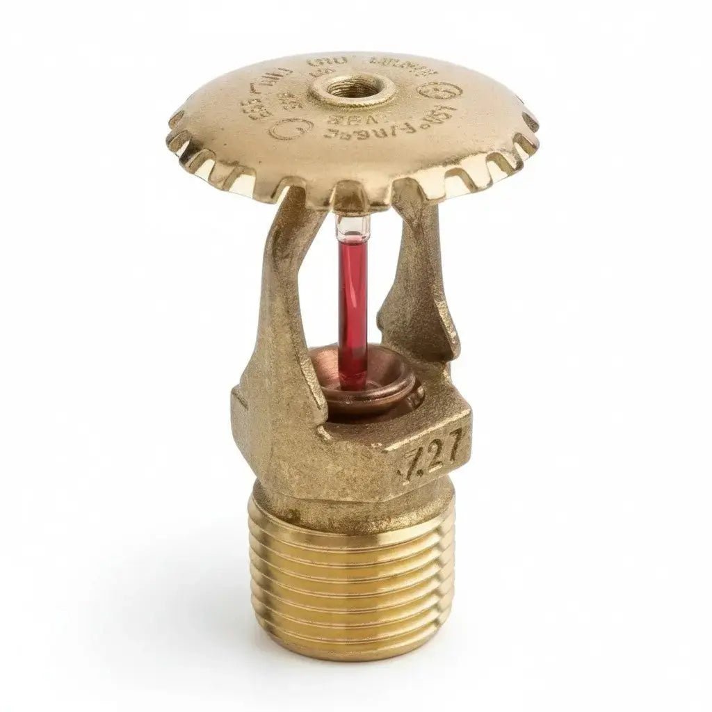 Brass fire sprinkler with red liquid heat-sensitive element and threaded base for fire protection systems