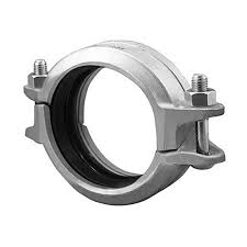 The 10 GROOVED COUPLING IMPORT 316SS RIGID by ASC Engineered Solutions is a metallic pipe clamp with a grooved design, two side bolts, and a black rubber lining. Made from 316 stainless steel, it features a smooth silvery finish and is perfect for fire protection applications.
