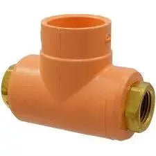 The TYCO Group 1/2 X 1/2 X 1 CPVC BTB TEE METAL THREAD is an orange, T-shaped plastic fitting with brass threads on both horizontal ends, ideal for plumbing or irrigation. It is suitable for BlazeMasterÂ® fire sprinkler systems.