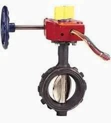 The Nibco Inc. 2 UL/FM Wafer Butterfly Valve, part of a listed fire protection system, includes a red actuator box with wires, a blue handwheel for manual use, and a circular metal valve in the open position, operated by either the manual handwheel or an electric actuator.