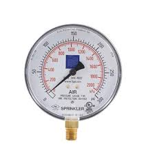 The 3 1/2 Water Gauge by Fire Protection Products Inc features a round white face with black and red markings. It measures 0-300 psi and 0-20 bar, has a durable design with a bottom brass connection, and is ideal for precise pressure monitoring, labeled AIR Sprinkler.